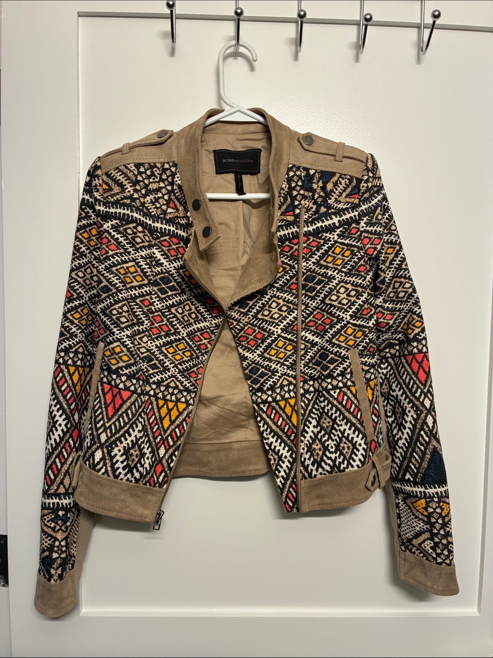 BCBGMAXAZRIA Ziggy Tribal Moto Jacket Geometric Tan Multicolor XS